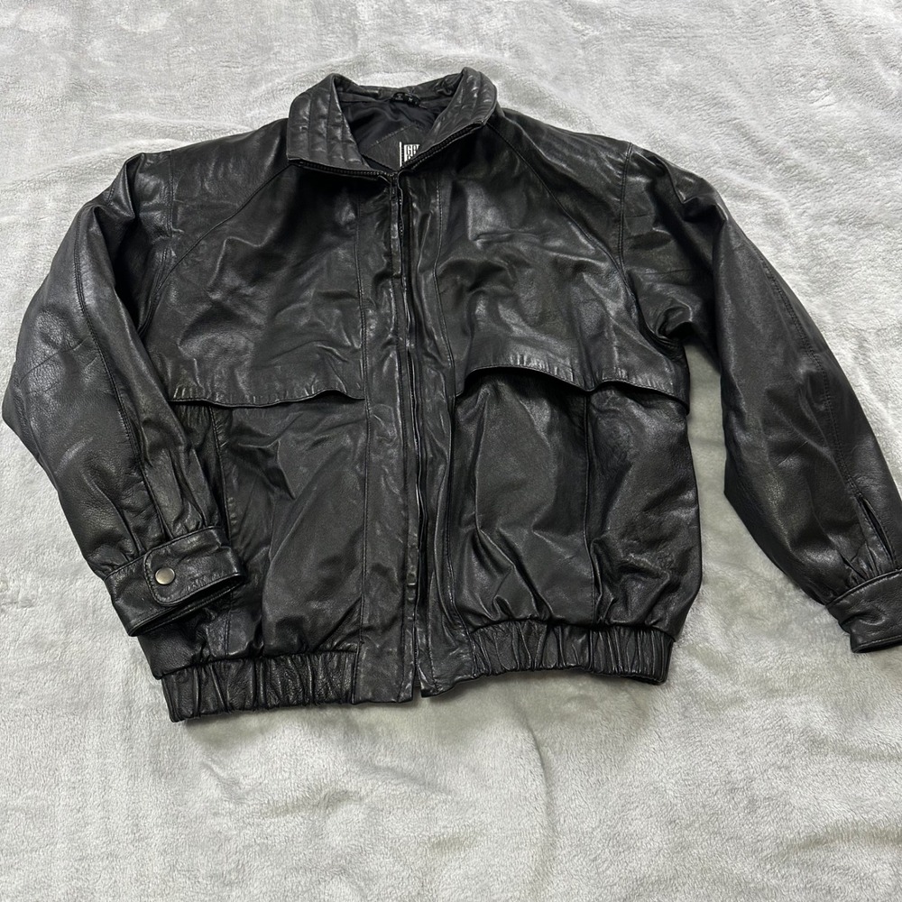 VTG 90s Greg Bell‎ Leather Bomber Jacket Mens Medium Black Full Zip Raglan Korea